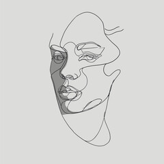 Minimalist abstract line-art portrait of a woman with overlapping contours and soft grey shading, ideal for modern decor, fashion design and editorial artwork
