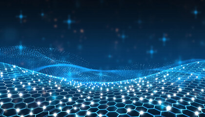 Futuristic digital landscape with glowing hexagonal grid and blue lights