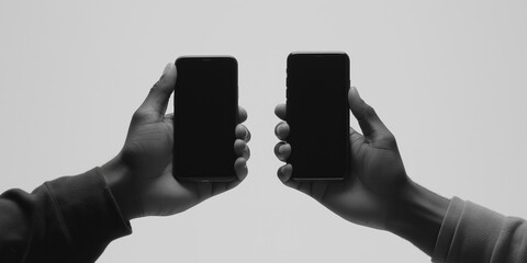 Two dark skinned hands present modern smartphones with blank screens, emphasizing digital connectivity and data exchange