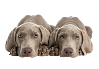 Two adorable weimaraner puppies lying down together