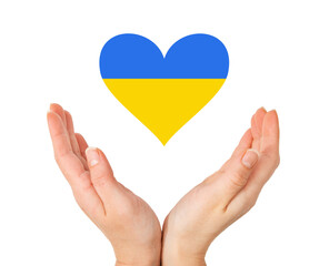 Isolated cupped open female hands silhouette icon for care and support with heart in colors of Ukrainian flag. Pray for Ukraine.