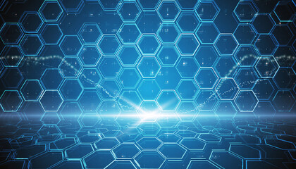 Futuristic blue hexagonal grid with digital light effects