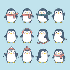 Fototapeta premium Cute penguin characters in various winter activities wearing scarves hats and skiing, collection of adorable arctic birds for cold season