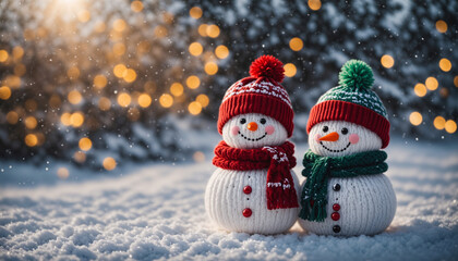 Fototapeta premium Adorable knitted snowmen in winter wonderland with festive lights