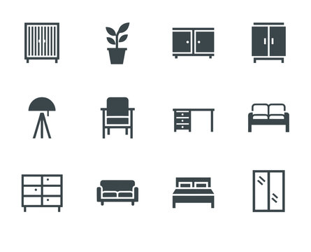 Set of minimalist furniture icons including chair desk bed sofa and cabinets, home interior design elements in flat solid vector style