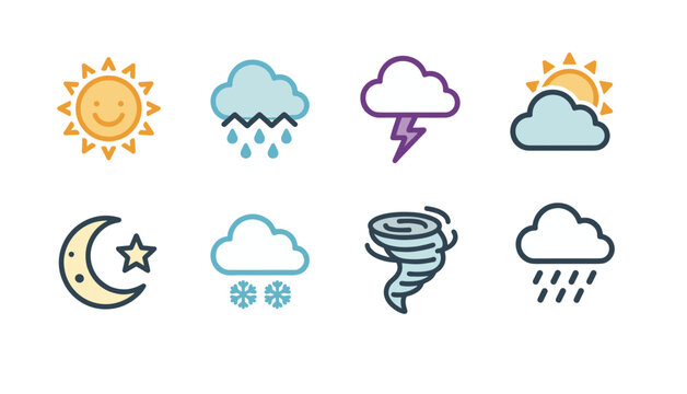 Weather forecast icon set featuring sun, rain, storm, clouds, snow, moon and tornado symbols in cute outline flat design for meteorology app