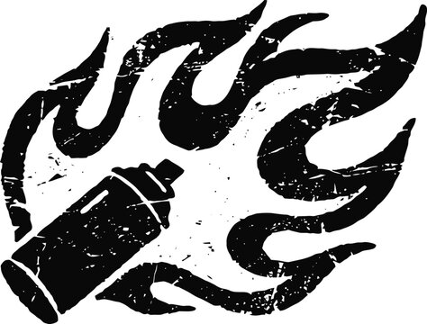 Distressed black silhouette of spray paint can with artistic flame design