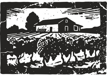 Obraz premium Rustic vineyard landscape with farmhouse and grapevines in a vintage woodcut