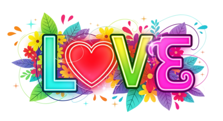 Colorful love word with heart and flowers isolated on transparent background