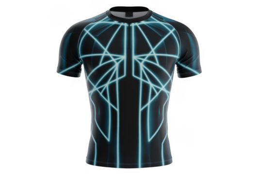 Black t-shirt with neon blue geometric neon blue geometric pattern isolated on a transparent background - Powered by Adobe