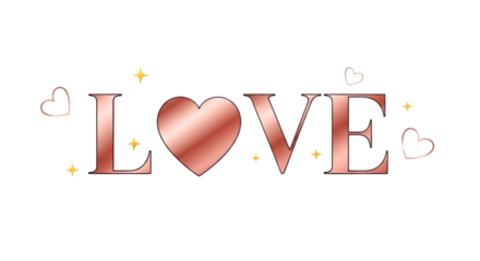 Rose gold love word with hearts and sparkles isolated on transparent background