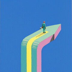 Businessman standing on colorful arrow path symbolizing decision-making and future direction
