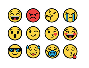 Fototapeta premium Set of yellow emoji emoticons with various facial expressions including happy angry crying thinking and cool for social media and communication