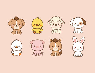 Obraz premium Collection of cute baby farm animals including puppy, chick, lamb, duckling, piglet, pony and bunny, flat vector character set