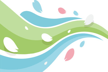 Obraz premium Abstract flowingipple style vector background with flowing green and blue organic waves and floating leaf shapes. Clean modern nature inspired design for eco, wellness, and spring concepts.