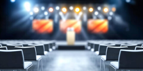 Empty modern conference hall ready for presentation, convention, or awards ceremony with bright stage lights