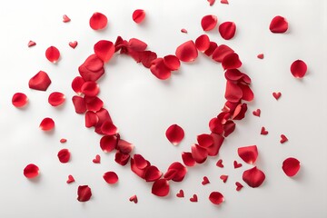 Red rose petals forming a heart shape with scattered petals and small hearts, isolated on white background