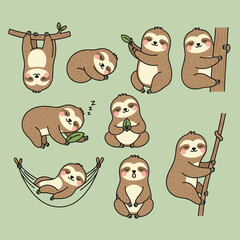 Cute sloths collection in various poses sleeping hanging on branch sitting in hammock and climbing tree for nursery decoration and stickers © Zhangxiao