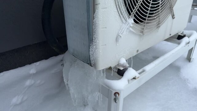 Close-up of ice and frost accumulation on a heat pump unit