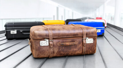 Vintage leather suitcase travelling on an airport baggage claim carousel with modern colorful luggage
