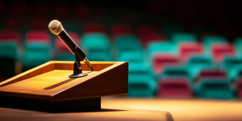 Microphone on wooden lectern awaiting keynote speaker in empty conference hall, preparing for a public speech