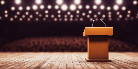 Empty lecture hall auditorium with spotlight lighting and stage is waiting for public address or conference event