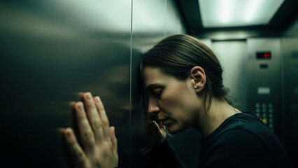 Exhausted Woman Leaning Forehead Against Metal Wall Inside Dark Modern Elevator