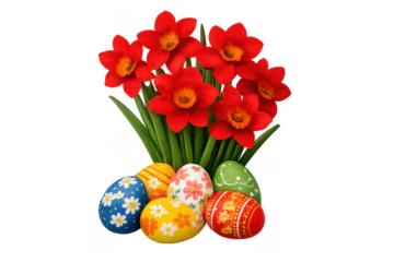 Easter eggs and red daffodils celebrating spring holiday