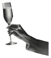 female hand elegantly holding champagne flute isolated retro halftone vintage dots texture cut-out collage element for mixed media design © Oleksandr Yashchuk