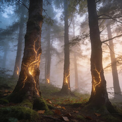 Obraz premium Mystical Fantasy Forest with Glowing Energy Veins in Trees