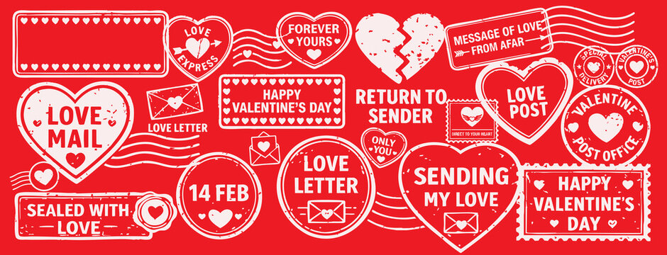 Romantic valentine's day postmark and love mail rubber stamp set &mdash; love letter postal collection