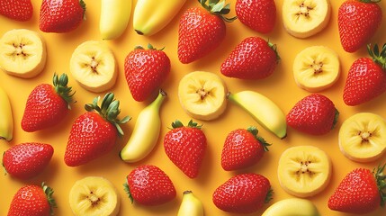 A creative fruit pattern with alternating rows of strawberries and bananas 