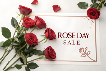 Rose petals forming a heart with a rose bud and 'rose day' text, isolated on white background