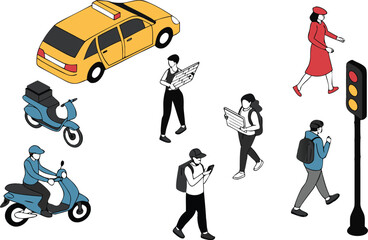 Urban city street scene icon collection. Includes people walking, riding, traffic light, taxi, scooters. Created in flat style with colorful palette.