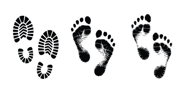 Human foot and shoe print icons set, isolated vector illustration