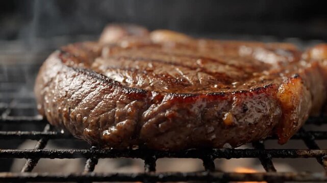 Close-up of a thick, juicy steak sizzling on a hot barbecue grill with smoke rising.