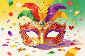 A colorfull Brazilian Carnivals mask, with colors and confetti.