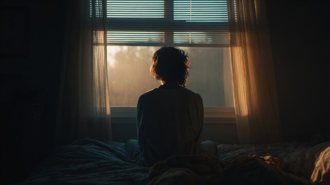 Woman sitting on the bed with her back to the window, having just woken up