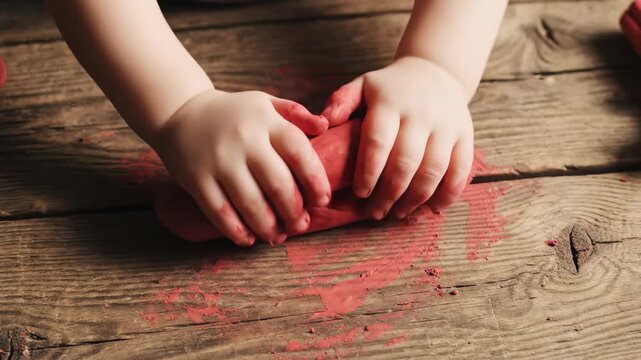 Four little hands joyfully knead and shape bright red play dough, creating imaginative figures. Laughter fills the air as creativity flows at a wooden table.