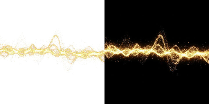 A vibrant yellow waveform of light particles glows against a dark background - Powered by Adobe