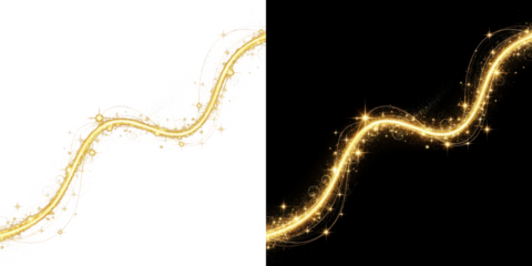 A glowing golden light trail sparkles against a dark background with a wavy motion.