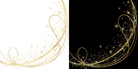 A luxurious golden design with sparkling stars and swirling lines on a black background