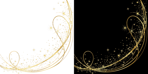 A luxurious golden design with sparkling stars and swirling lines on a black background