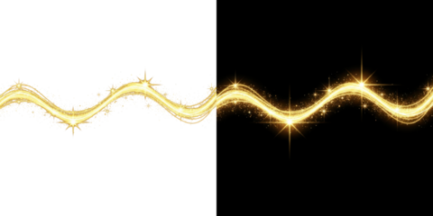 A glowing golden light wave with sparkling stars against a dark background