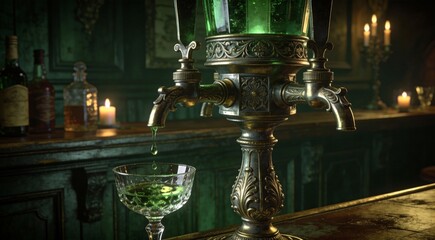 High-end digital stock art of absinthe fountain dripping into glass, green hue, mysterious Victorian