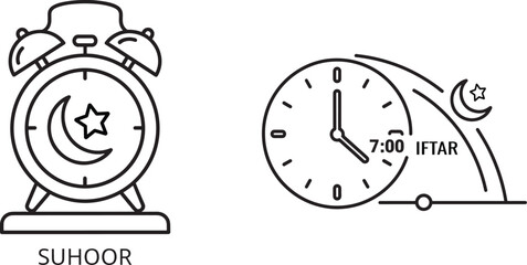Fototapeta premium Ramadan Suhoor and Iftar Time Schedule Line Icon Set, Islamic Fasting Meal Symbols with Alarm Clock and Crescent Moon