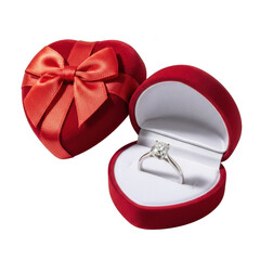 Elegant heart-shaped ring box with diamond engagement ring isolated on transparent background