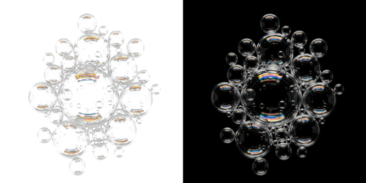 A stunning visual representation of transparent bubbles arranged in a symmetrical pattern against a dark background - Powered by Adobe
