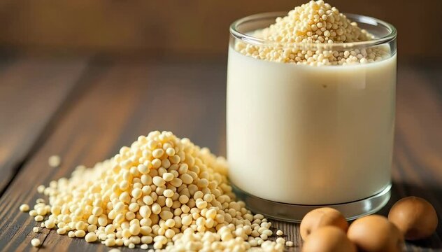 Close up of tiger nuts (chufa) and horchata ingredients beside glass. 
