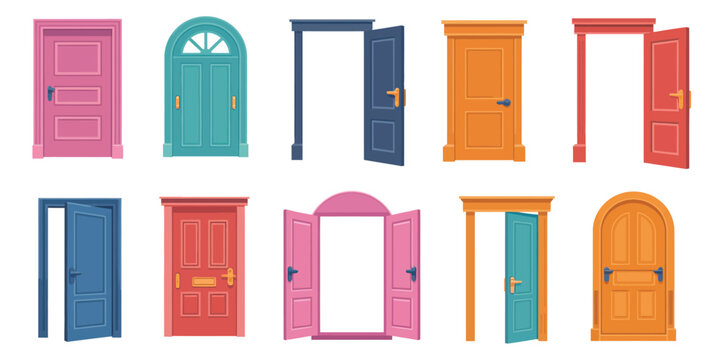 Open and closed door collection, cartoon entrance and exit doors with handles and frames, home exterior architecture concept, vector set for real estate, interior design, and home illustration